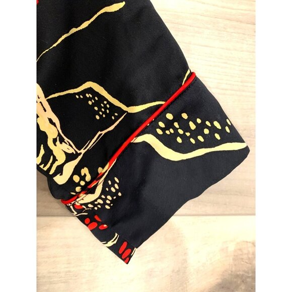 Natori Black Satin Cherry Blossom Floral Long Sleeve Button Up Shirt - Picture 12 of 13